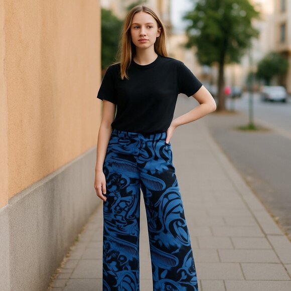 NWT ZARA ZW Collection Printed Pants Black Blue SIZE XS